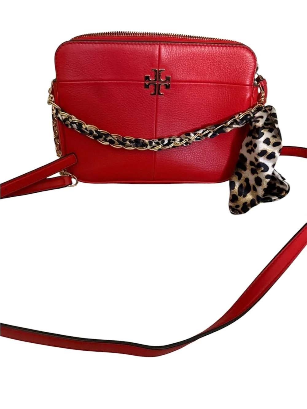 Tory Burch- Ivy Red Leather Crossbody w/ Gold & Leopard Print Interwoven Chain